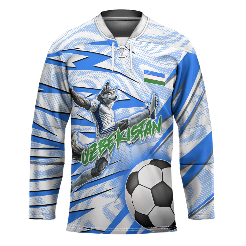 Personalized Uzbekistan Soccer Hockey Jersey White Wolves Football Halftone Pattern