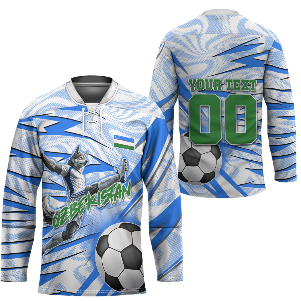 Personalized Uzbekistan Soccer Hockey Jersey White Wolves Football Halftone Pattern