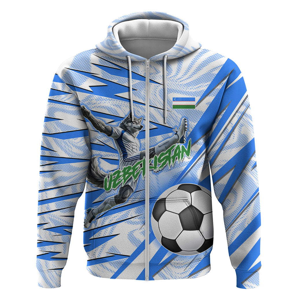 Personalized Uzbekistan Soccer Hoodie White Wolves Football Halftone Pattern