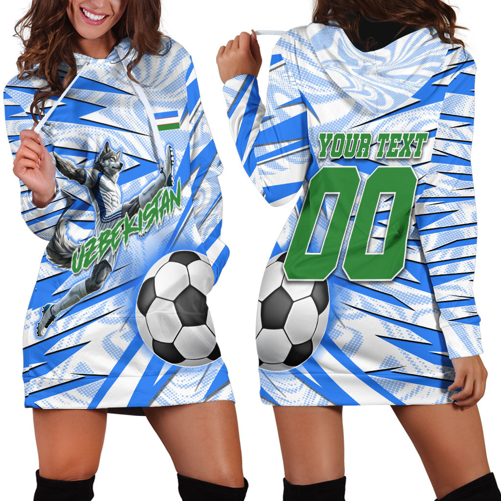 Personalized Uzbekistan Soccer Hoodie Dress White Wolves Football Halftone Pattern