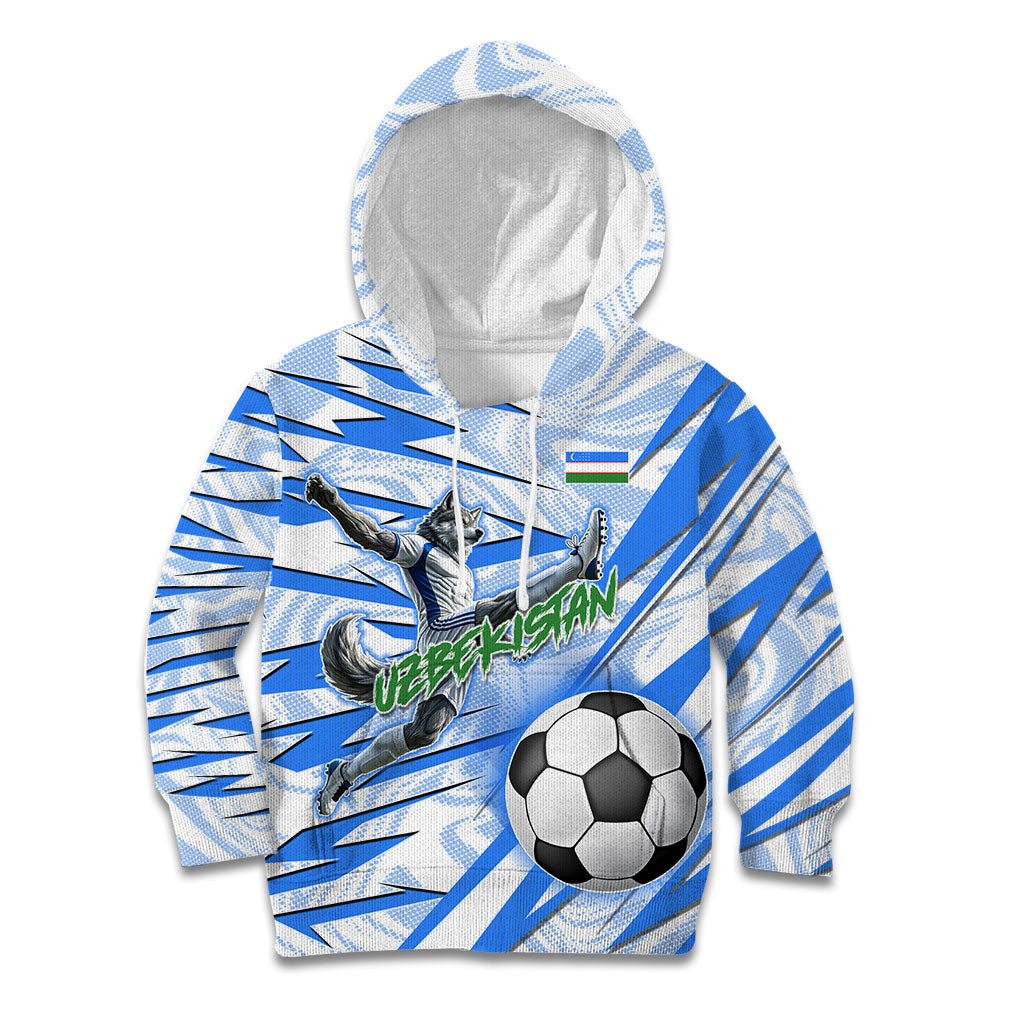 Personalized Uzbekistan Soccer Kid Hoodie White Wolves Football Halftone Pattern