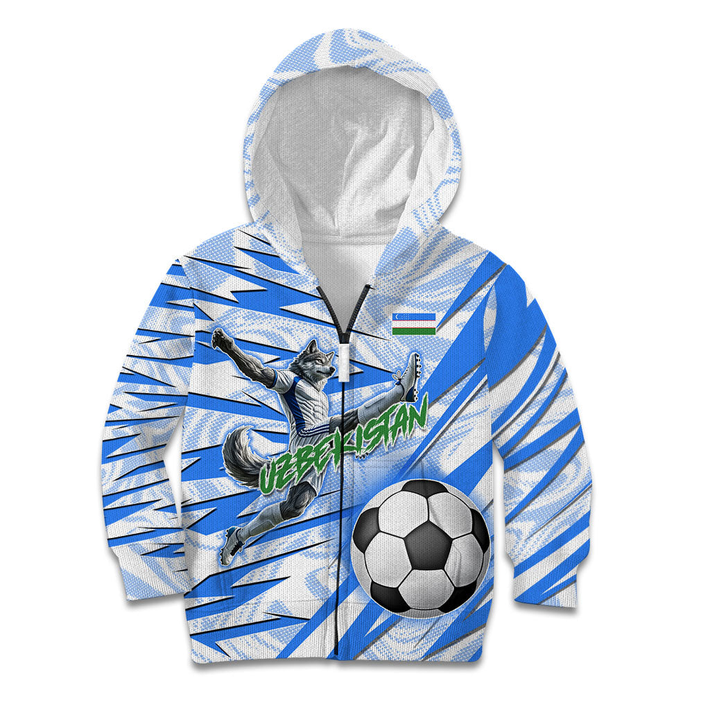 Personalized Uzbekistan Soccer Kid Hoodie White Wolves Football Halftone Pattern