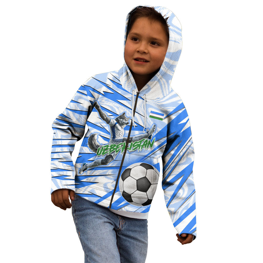 Personalized Uzbekistan Soccer Kid Hoodie White Wolves Football Halftone Pattern