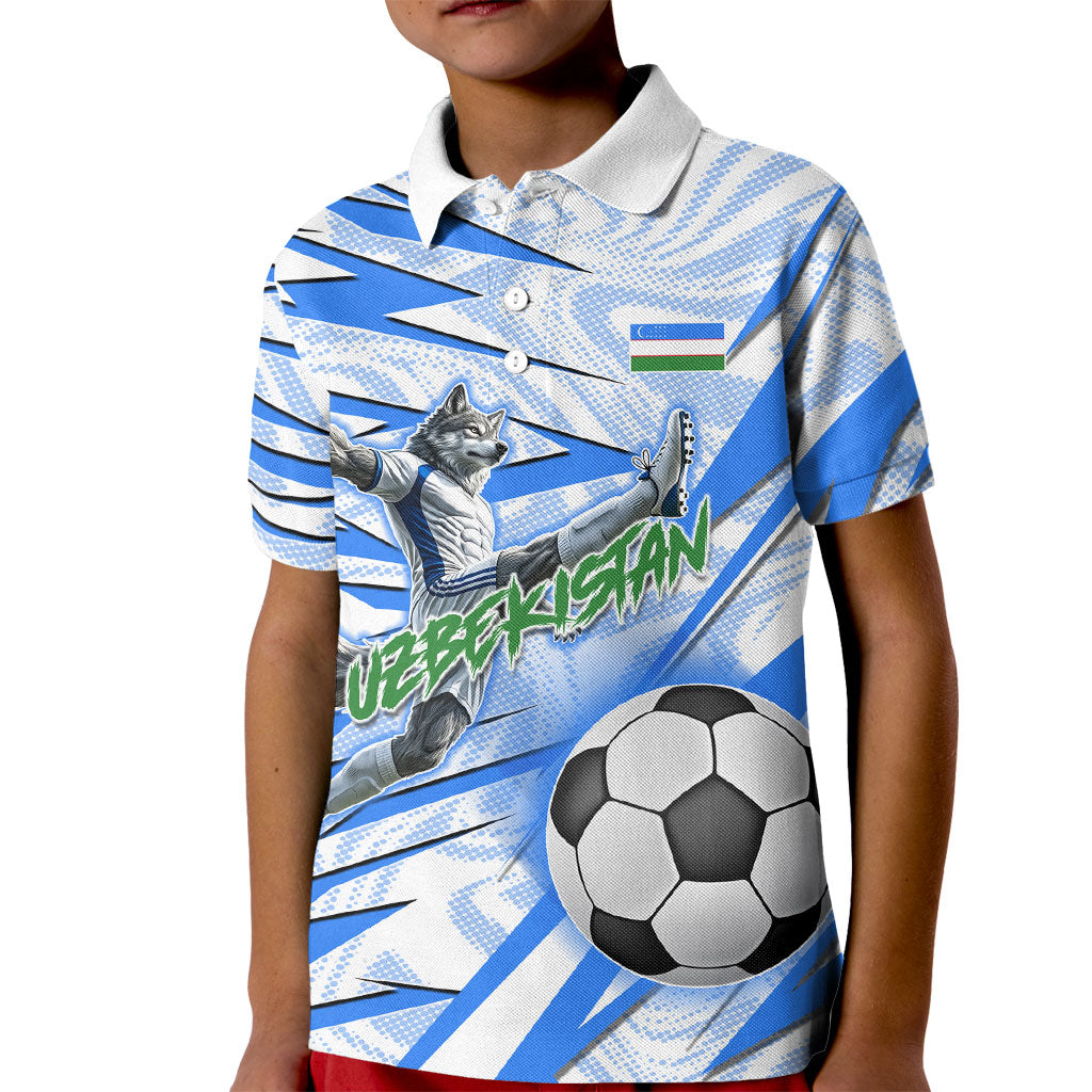 Personalized Uzbekistan Soccer Kid Polo Shirt White Wolves Football Halftone Pattern