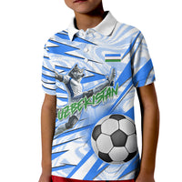 Personalized Uzbekistan Soccer Kid Polo Shirt White Wolves Football Halftone Pattern