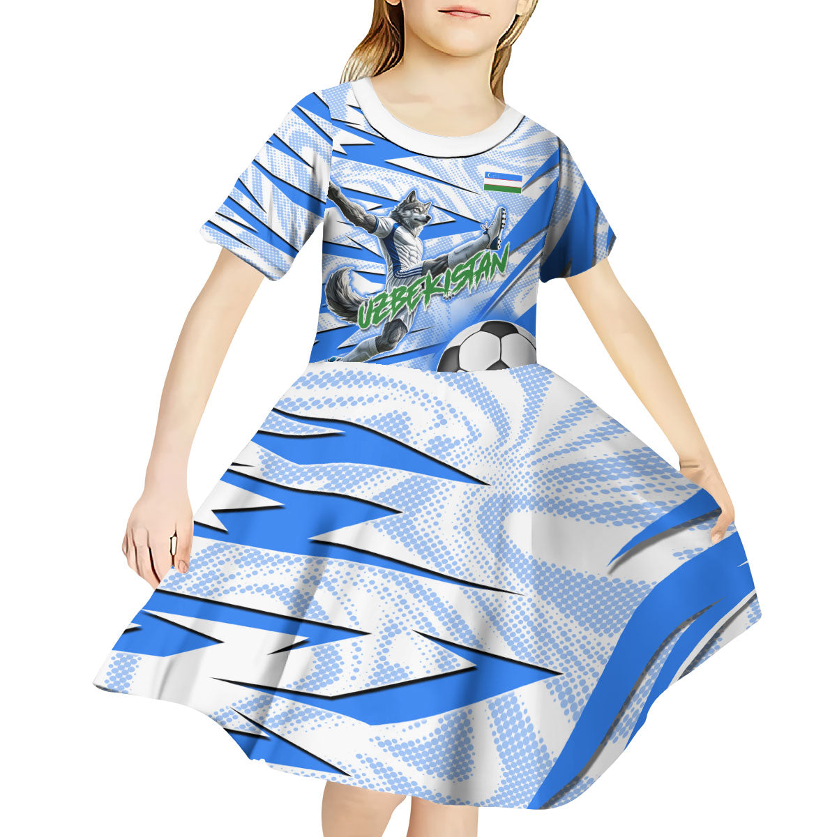 Personalized Uzbekistan Soccer Kid Short Sleeve Dress White Wolves Football Halftone Pattern