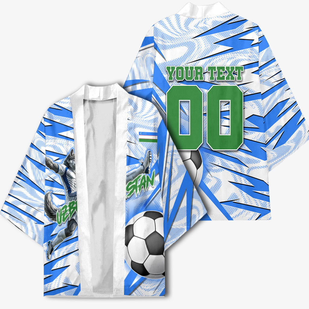 Personalized Uzbekistan Soccer Kimono White Wolves Football Halftone Pattern
