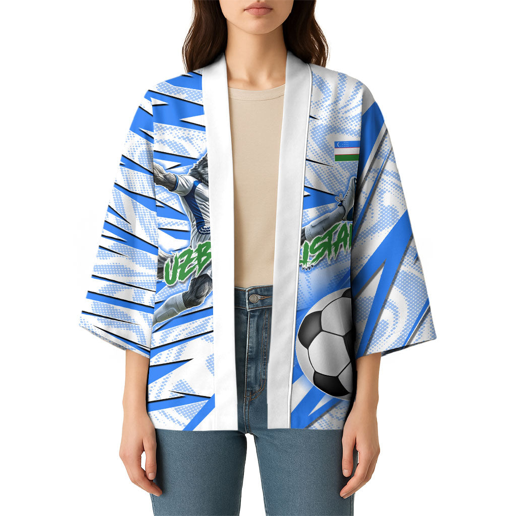 Personalized Uzbekistan Soccer Kimono White Wolves Football Halftone Pattern