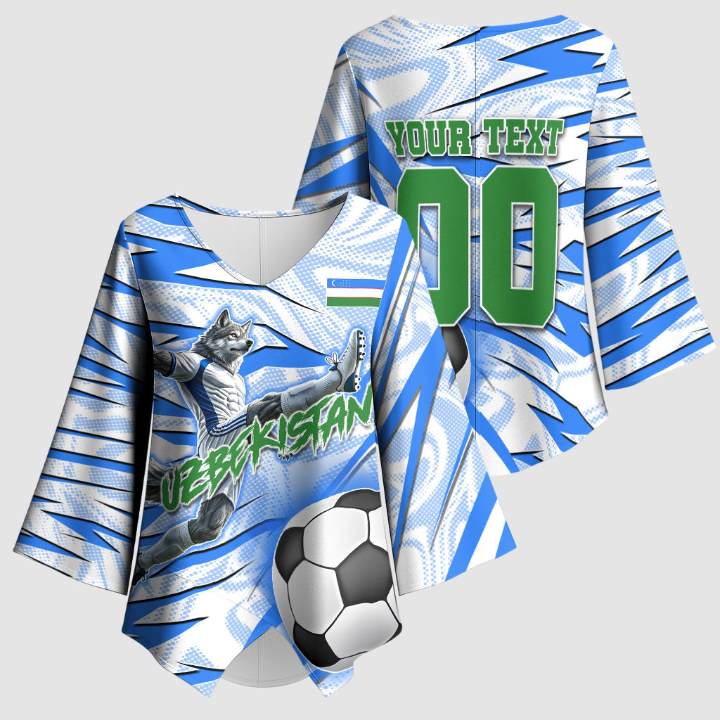 Personalized Uzbekistan Soccer Kimono Sleeve Blouse White Wolves Football Halftone Pattern