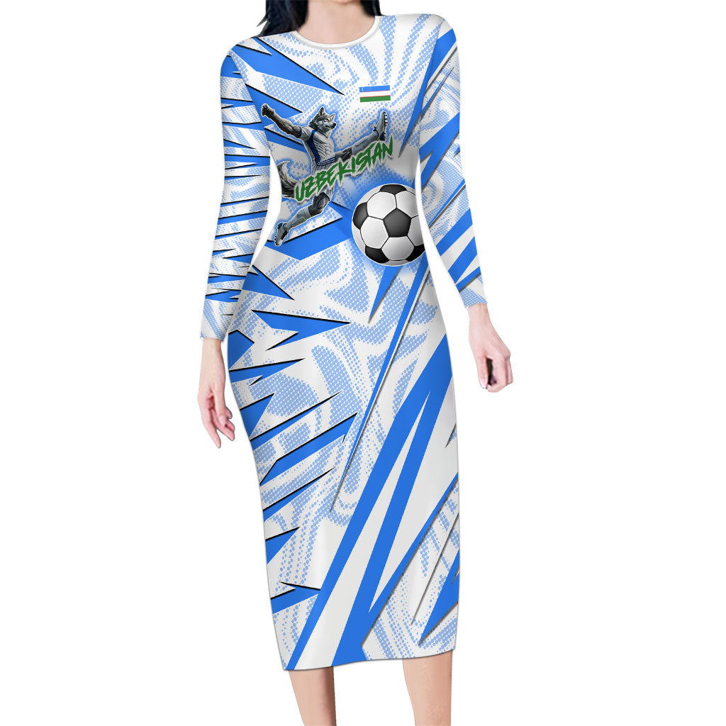 Personalized Uzbekistan Soccer Long Sleeve Bodycon Dress White Wolves Football Halftone Pattern