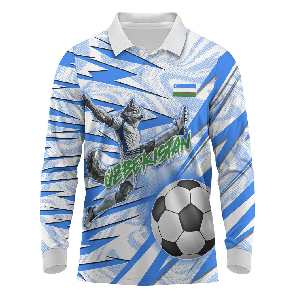 Personalized Uzbekistan Soccer Long Sleeve Polo Shirt White Wolves Football Halftone Pattern
