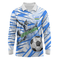 Personalized Uzbekistan Soccer Long Sleeve Polo Shirt White Wolves Football Halftone Pattern