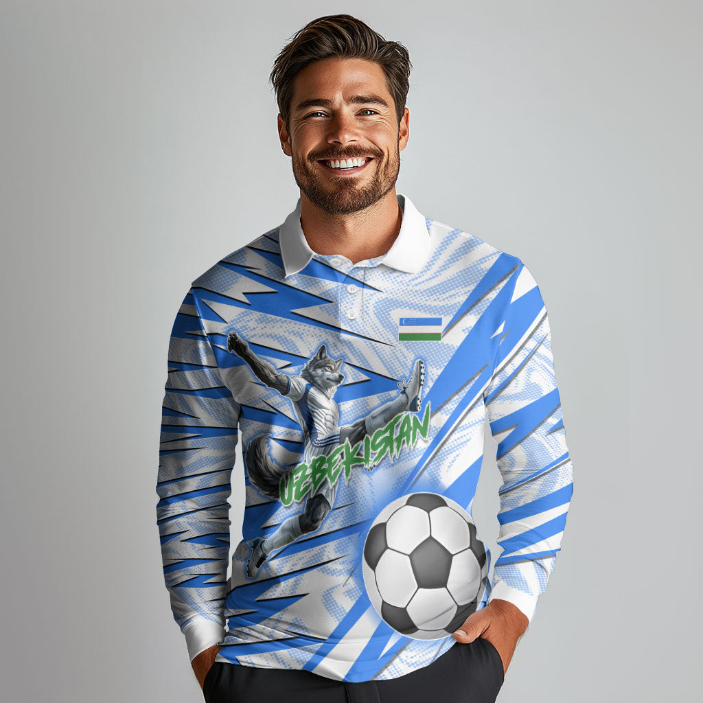 Personalized Uzbekistan Soccer Long Sleeve Polo Shirt White Wolves Football Halftone Pattern