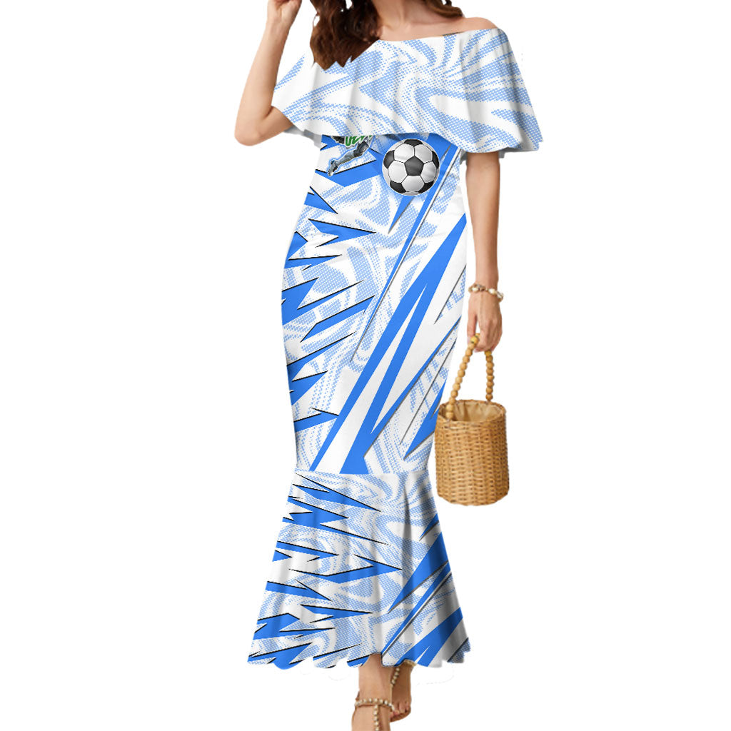 Personalized Uzbekistan Soccer Mermaid Dress White Wolves Football Halftone Pattern