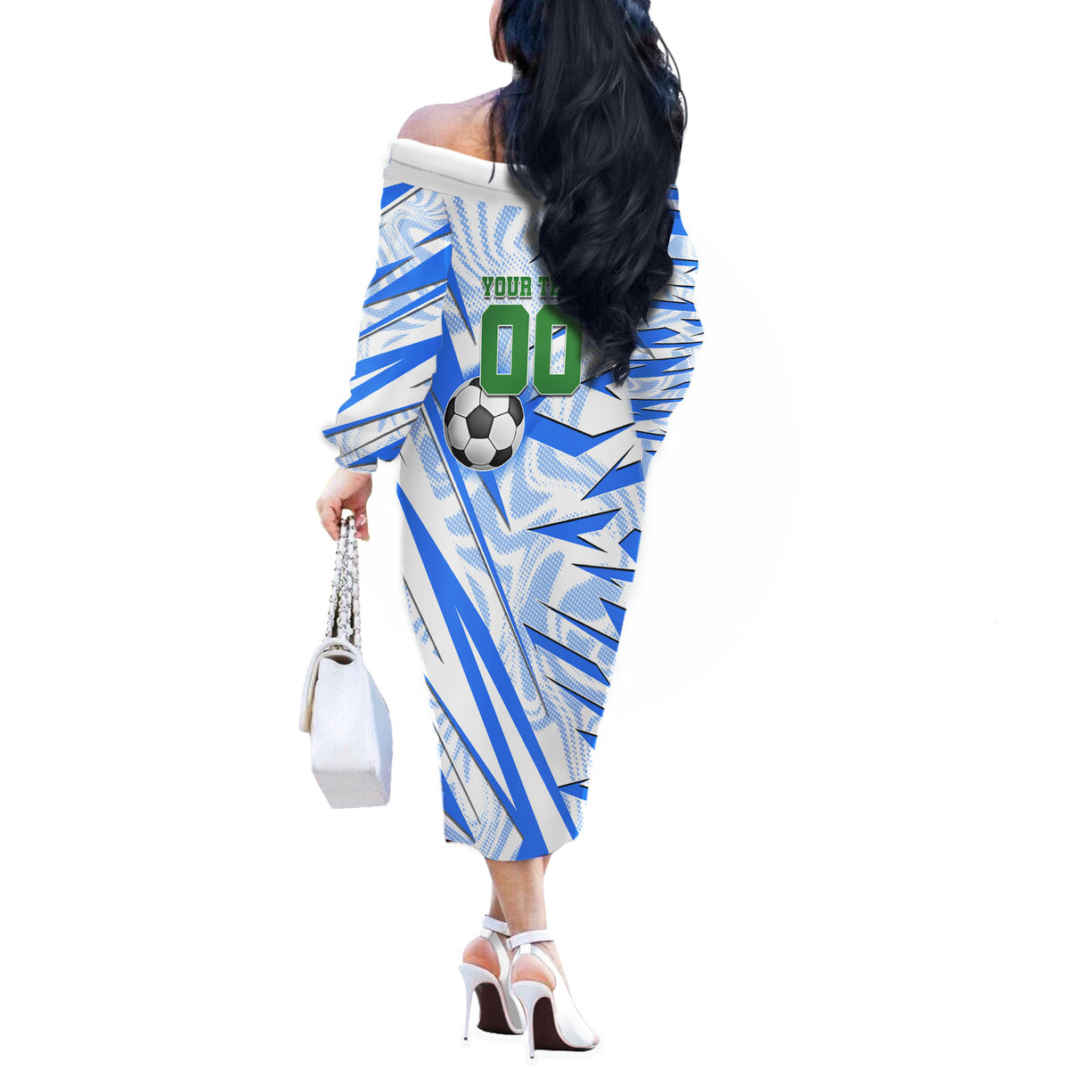 Personalized Uzbekistan Soccer Off The Shoulder Long Sleeve Dress White Wolves Football Halftone Pattern
