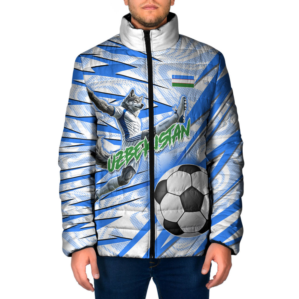 Personalized Uzbekistan Soccer Padded Jacket White Wolves Football Halftone Pattern