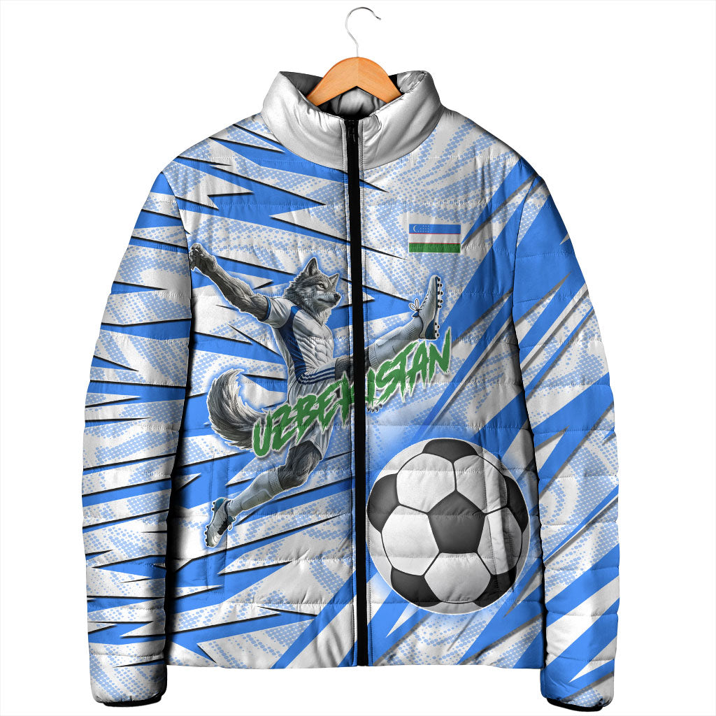 Personalized Uzbekistan Soccer Padded Jacket White Wolves Football Halftone Pattern