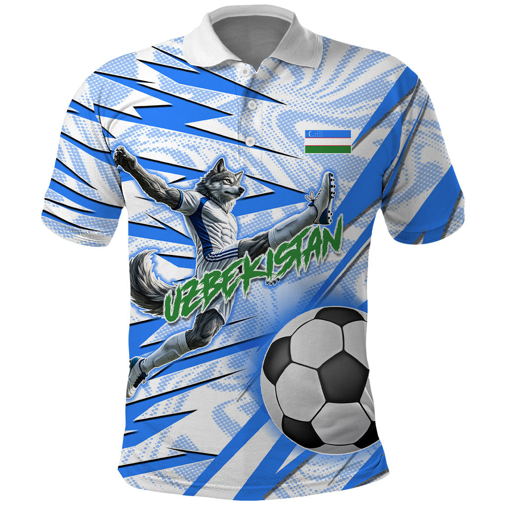 Personalized Uzbekistan Soccer Polo Shirt White Wolves Football Halftone Pattern