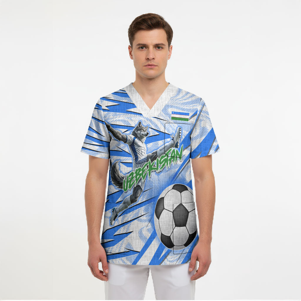 Personalized Uzbekistan Soccer Scrub Top White Wolves Football Halftone Pattern