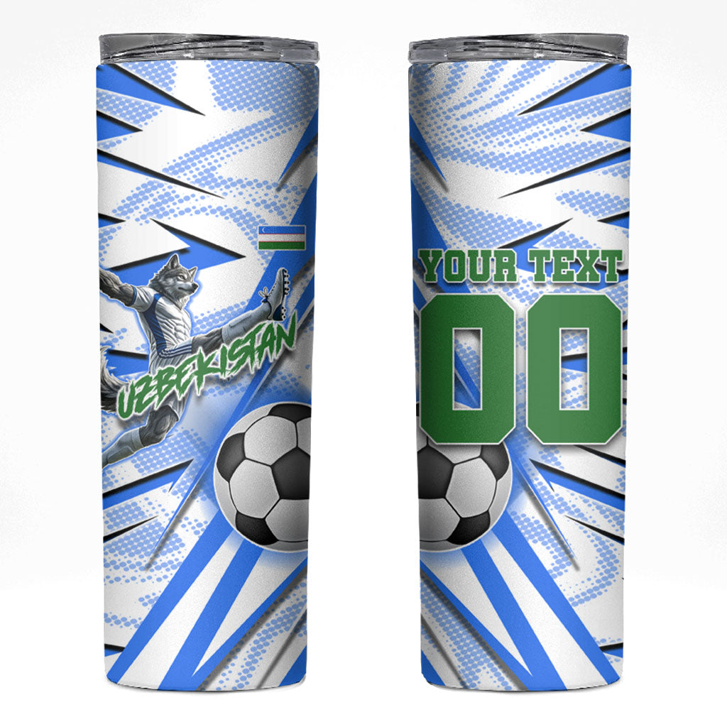 Personalized Uzbekistan Soccer Skinny Tumbler White Wolves Football Halftone Pattern