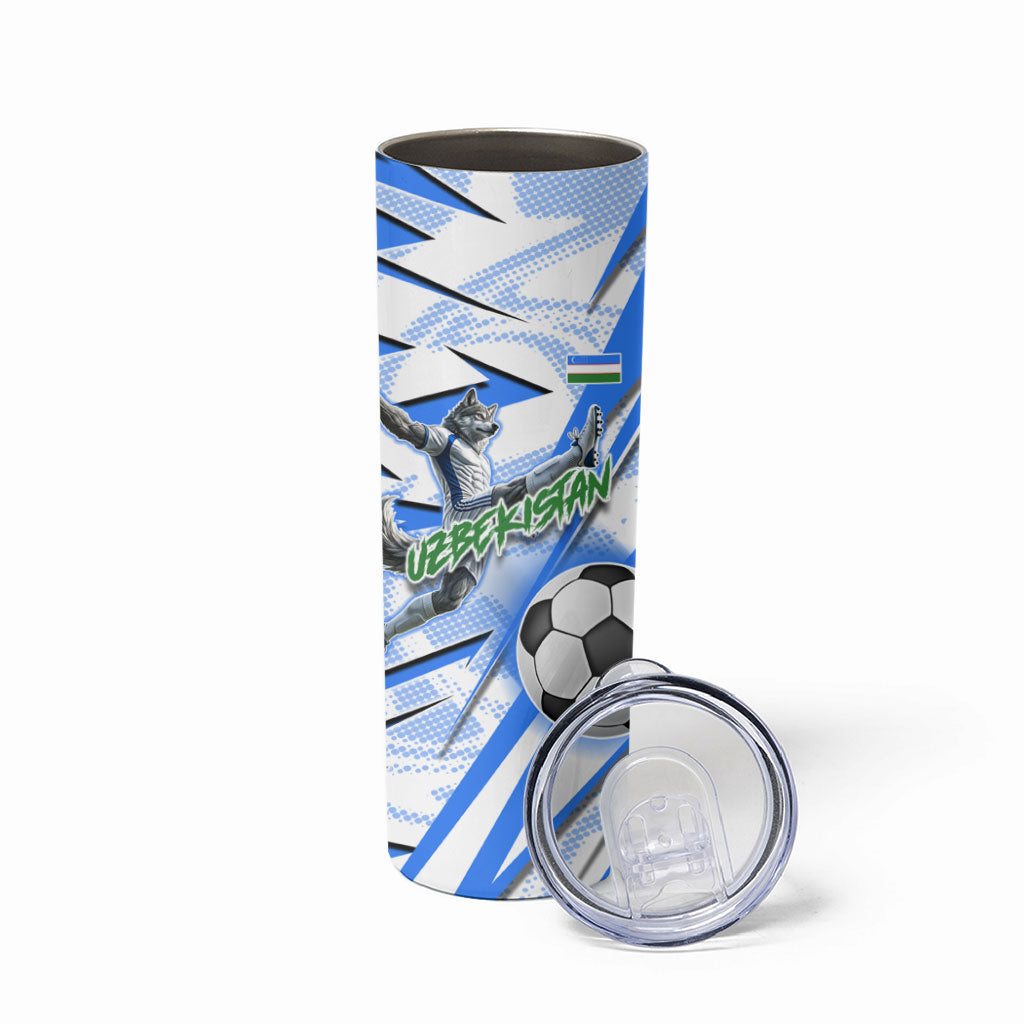 Personalized Uzbekistan Soccer Skinny Tumbler White Wolves Football Halftone Pattern