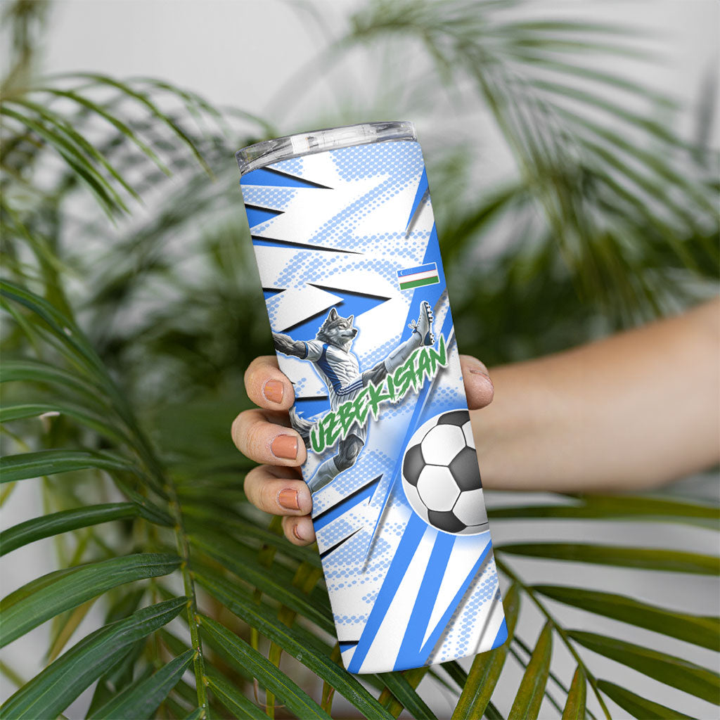 Personalized Uzbekistan Soccer Skinny Tumbler White Wolves Football Halftone Pattern