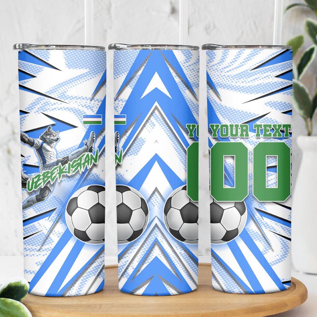 Personalized Uzbekistan Soccer Skinny Tumbler White Wolves Football Halftone Pattern