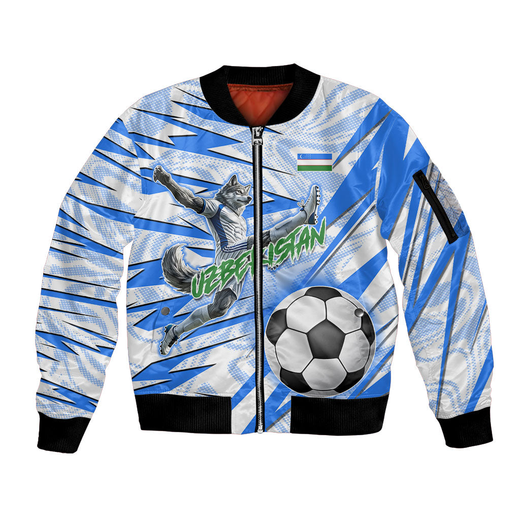 Personalized Uzbekistan Soccer Sleeve Zip Bomber Jacket White Wolves Football Halftone Pattern