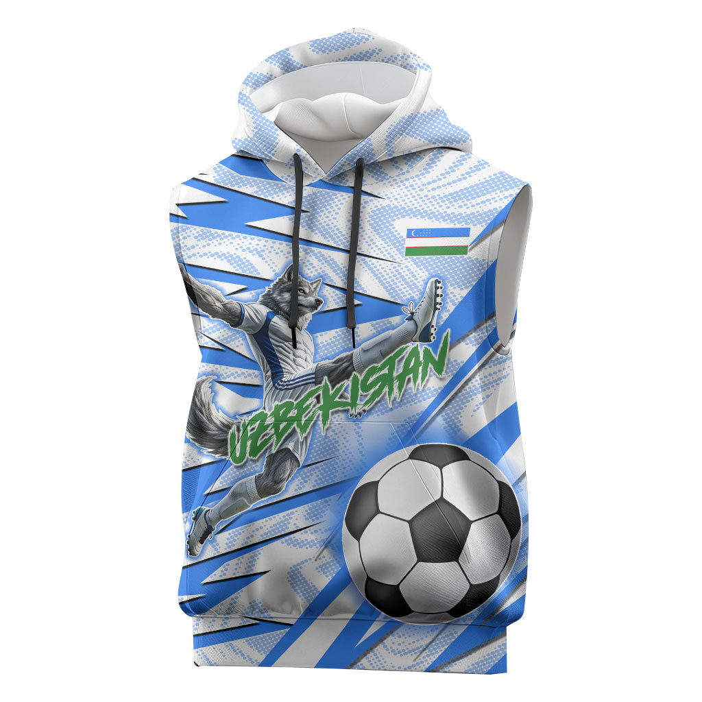 Personalized Uzbekistan Soccer Sleeveless Hoodie White Wolves Football Halftone Pattern