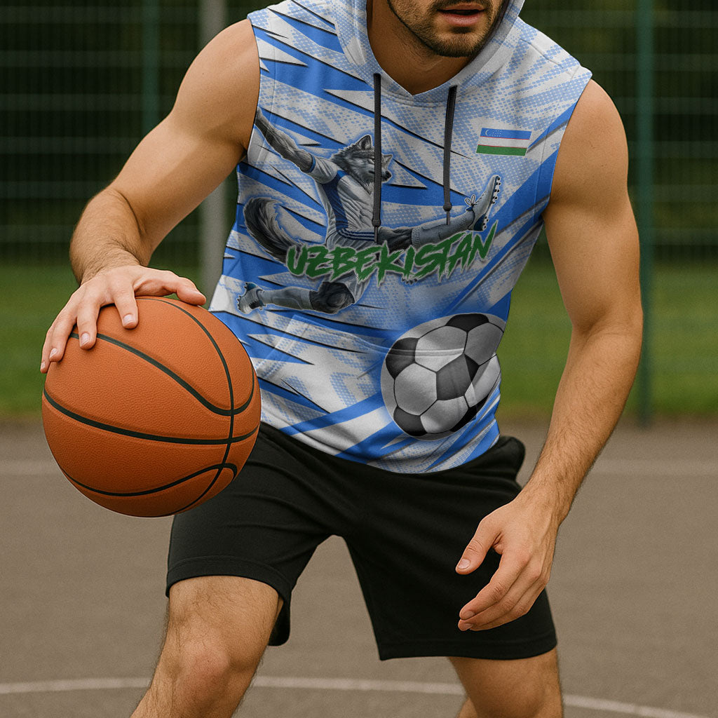 Personalized Uzbekistan Soccer Sleeveless Hoodie White Wolves Football Halftone Pattern