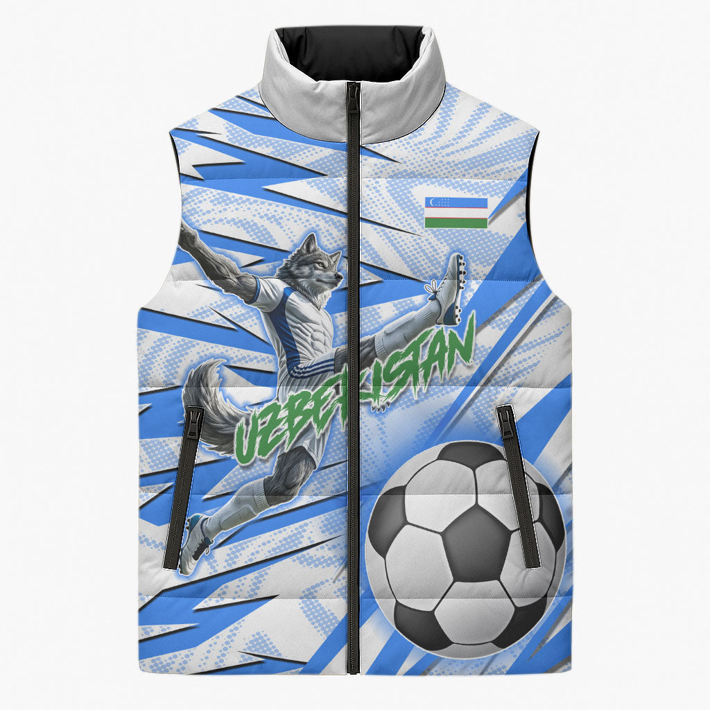 Personalized Uzbekistan Soccer Sleeveless Puffer Jacket White Wolves Football Halftone Pattern