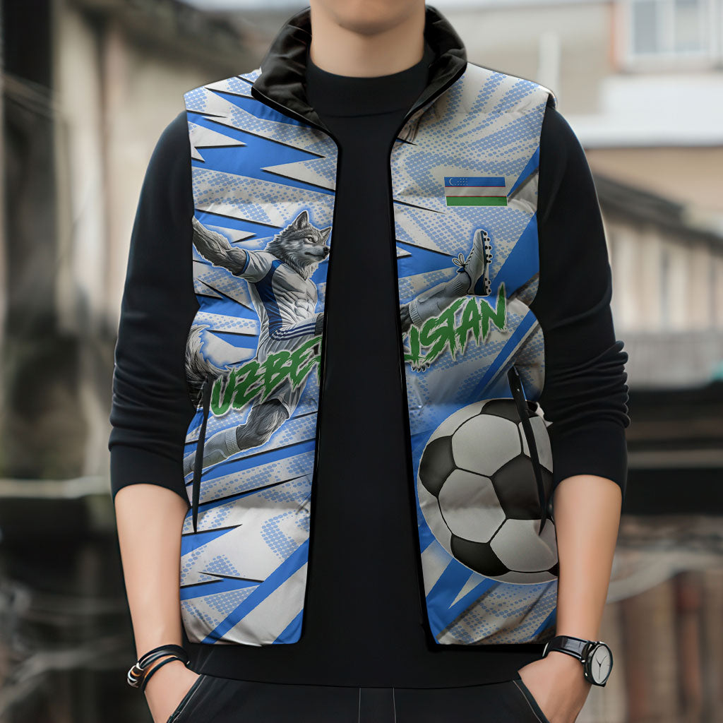 Personalized Uzbekistan Soccer Sleeveless Puffer Jacket White Wolves Football Halftone Pattern