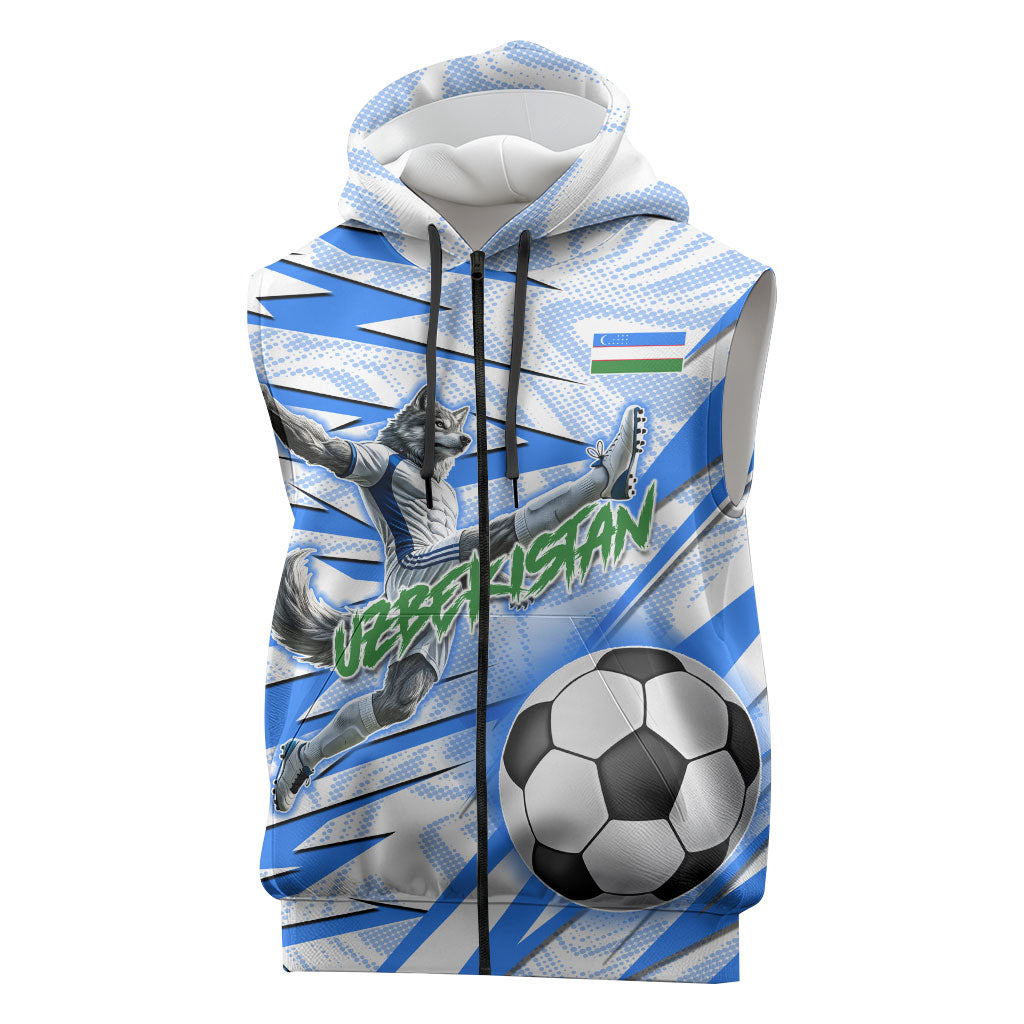 Personalized Uzbekistan Soccer Sleeveless Zip Hoodie White Wolves Football Halftone Pattern
