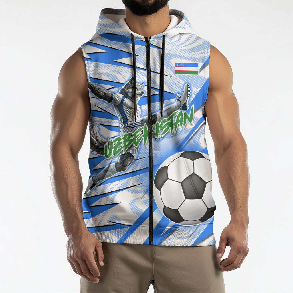 Personalized Uzbekistan Soccer Sleeveless Zip Hoodie White Wolves Football Halftone Pattern