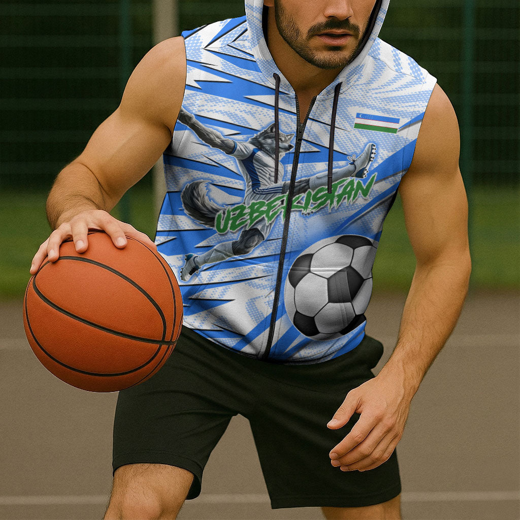 Personalized Uzbekistan Soccer Sleeveless Zip Hoodie White Wolves Football Halftone Pattern