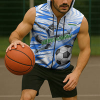 Personalized Uzbekistan Soccer Sleeveless Zip Hoodie White Wolves Football Halftone Pattern