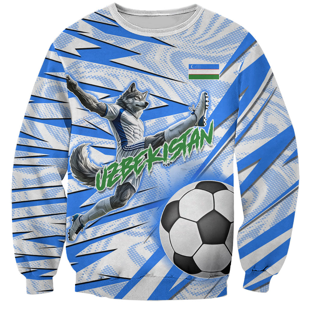 Personalized Uzbekistan Soccer Sweatshirt White Wolves Football Halftone Pattern