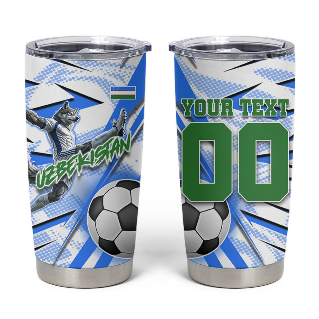 Personalized Uzbekistan Soccer Tumbler Cup White Wolves Football Halftone Pattern