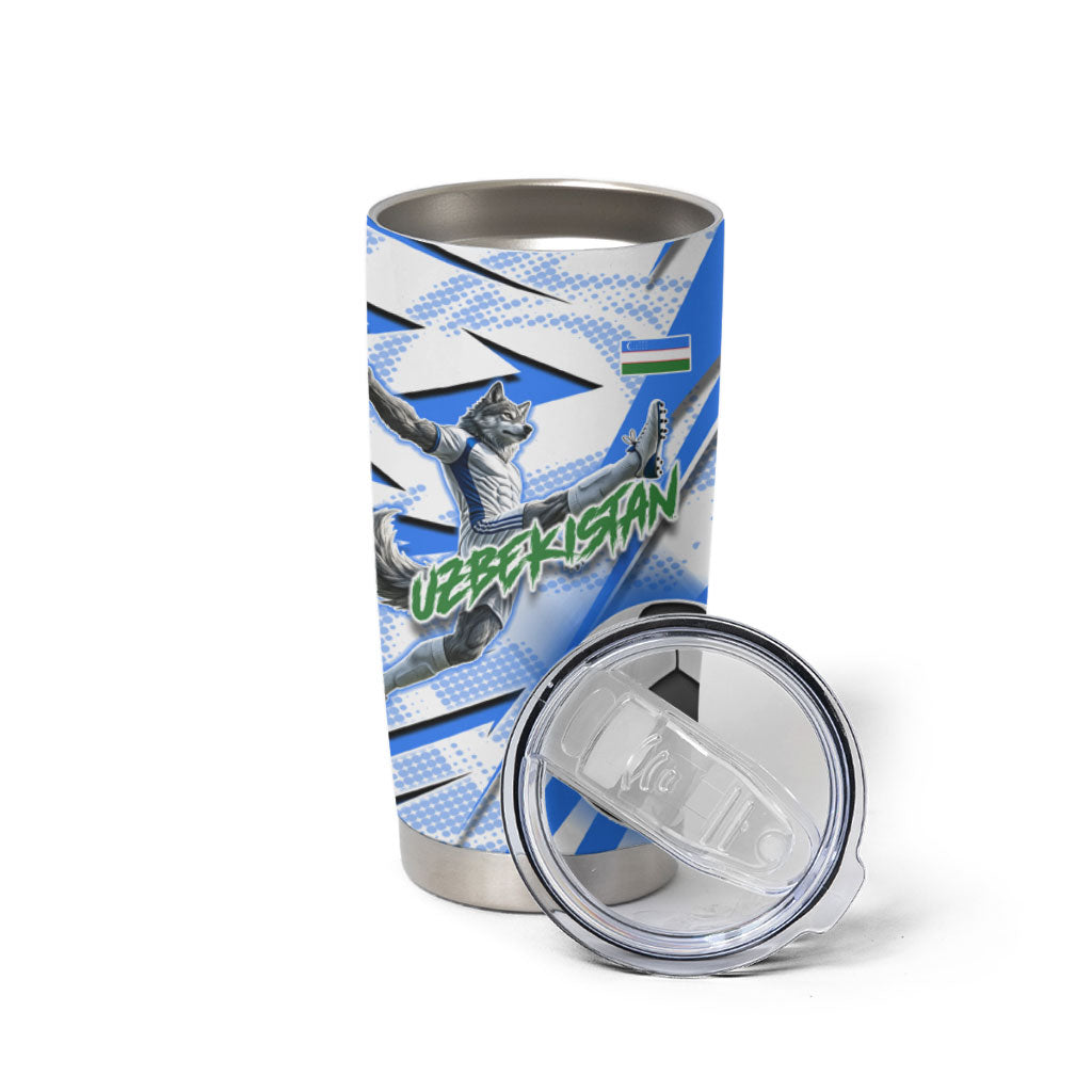 Personalized Uzbekistan Soccer Tumbler Cup White Wolves Football Halftone Pattern