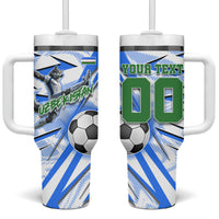 Personalized Uzbekistan Soccer Tumbler With Handle White Wolves Football Halftone Pattern