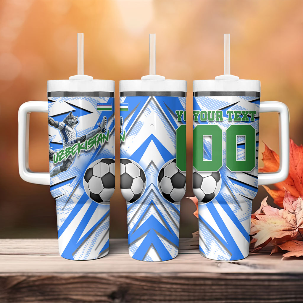 Personalized Uzbekistan Soccer Tumbler With Handle White Wolves Football Halftone Pattern