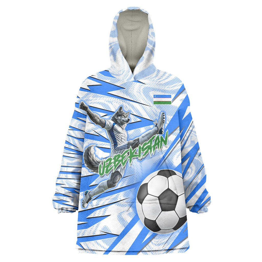 Personalized Uzbekistan Soccer Wearable Blanket Hoodie White Wolves Football Halftone Pattern