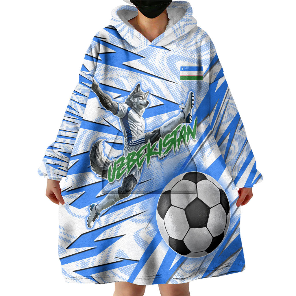 Personalized Uzbekistan Soccer Wearable Blanket Hoodie White Wolves Football Halftone Pattern