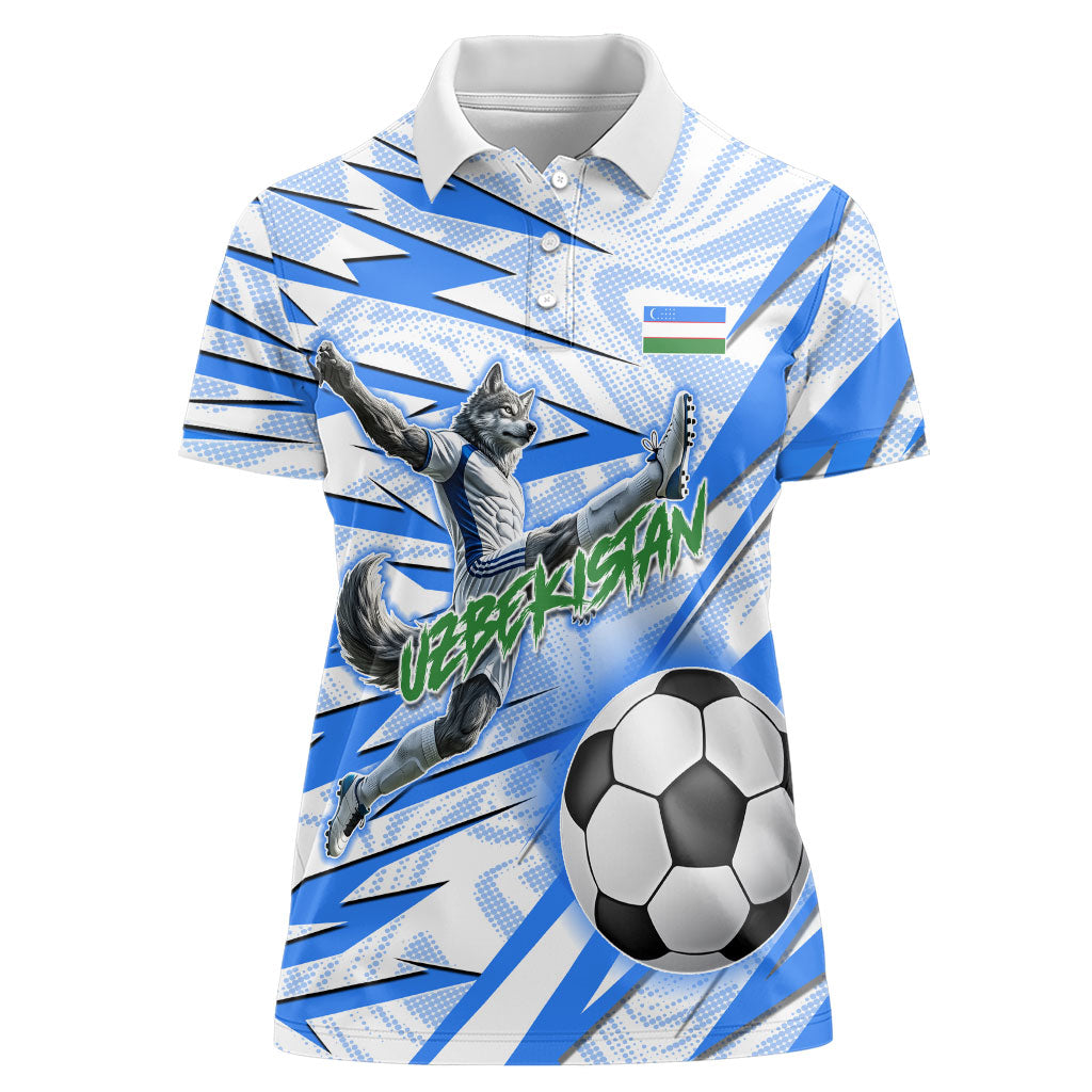 Personalized Uzbekistan Soccer Women Polo Shirt White Wolves Football Halftone Pattern