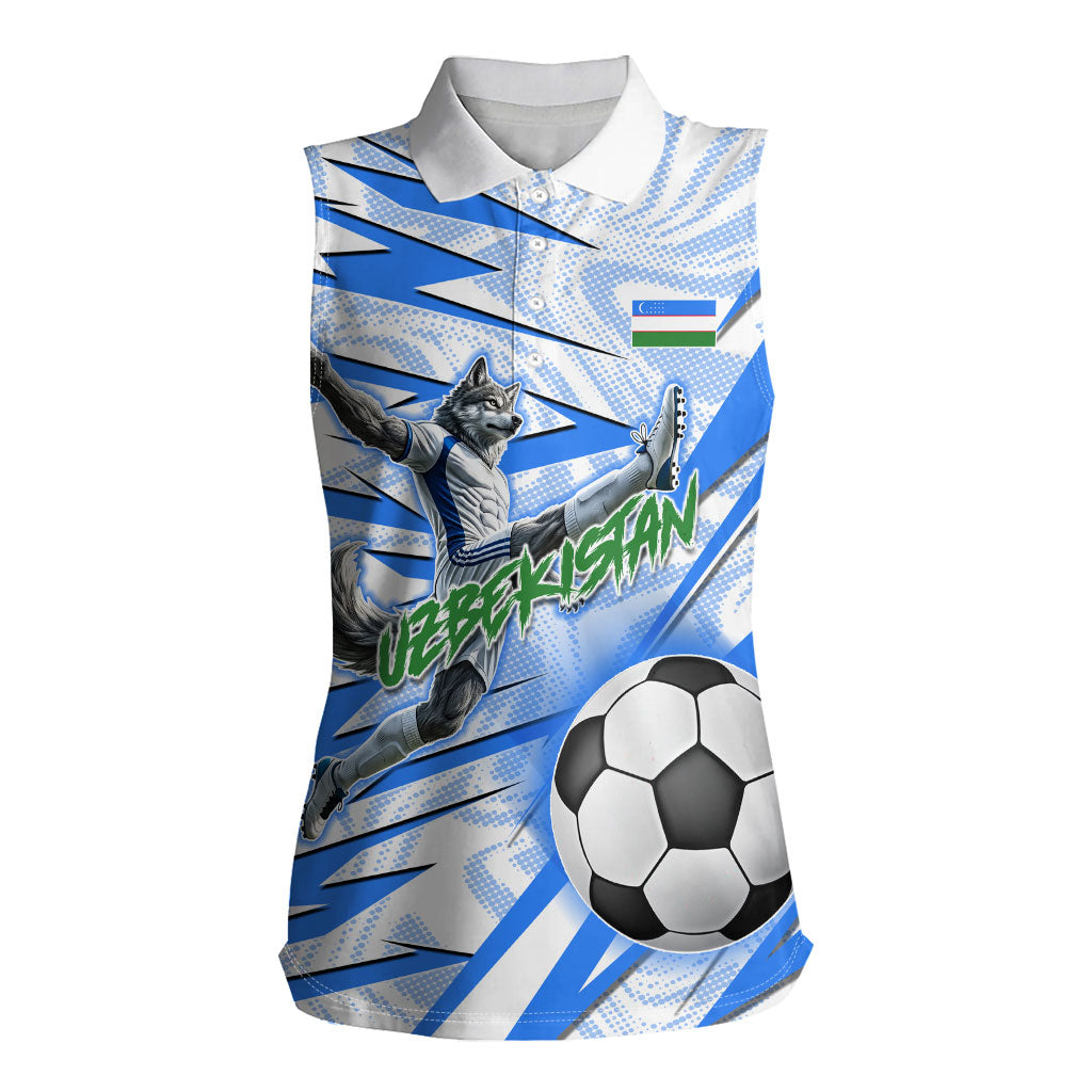 Personalized Uzbekistan Soccer Women Sleeveless Polo Shirt White Wolves Football Halftone Pattern
