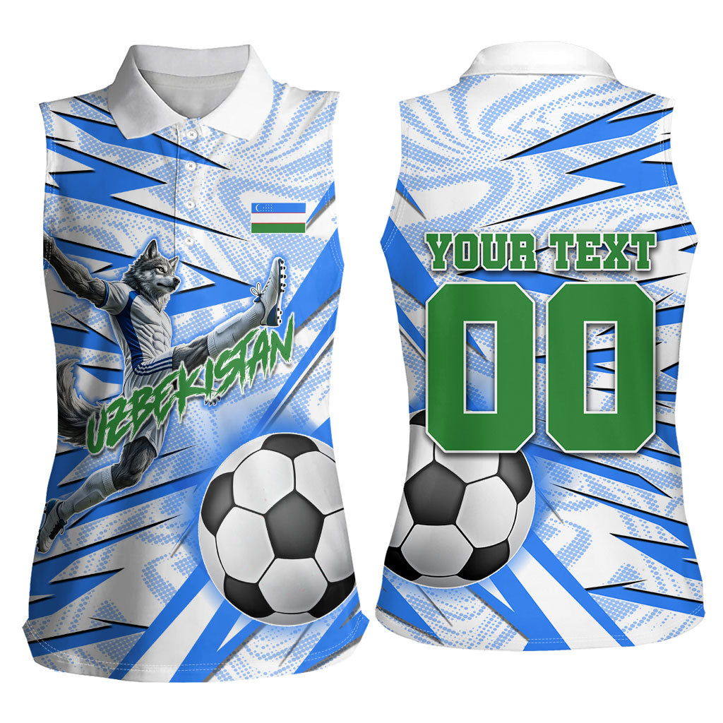 Personalized Uzbekistan Soccer Women Sleeveless Polo Shirt White Wolves Football Halftone Pattern
