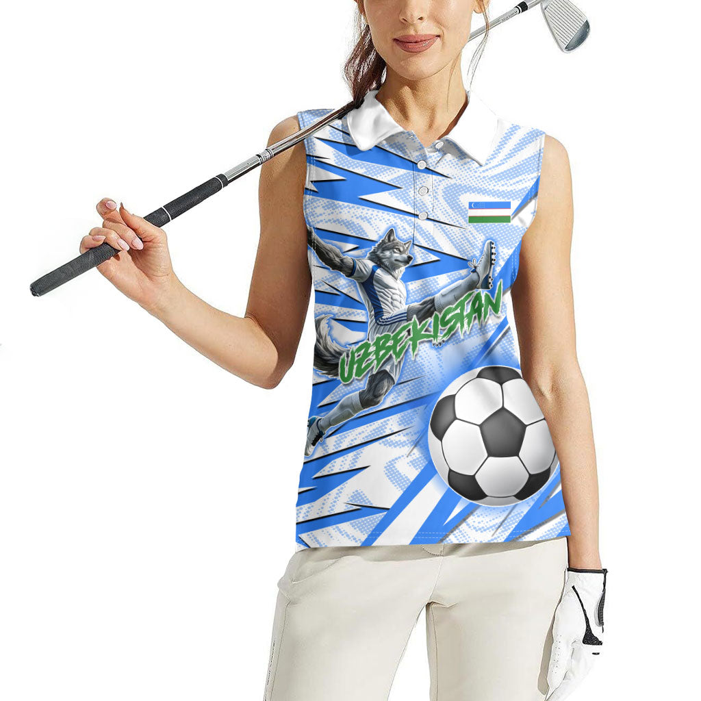 Personalized Uzbekistan Soccer Women Sleeveless Polo Shirt White Wolves Football Halftone Pattern