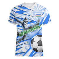 Personalized Uzbekistan Soccer Women V-Neck T-Shirt White Wolves Football Halftone Pattern