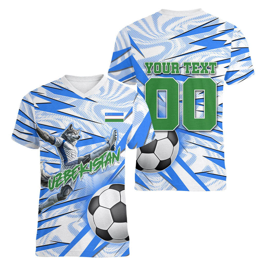 Personalized Uzbekistan Soccer Women V-Neck T-Shirt White Wolves Football Halftone Pattern