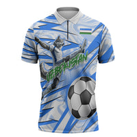 Personalized Uzbekistan Soccer Zipper Polo Shirt White Wolves Football Halftone Pattern